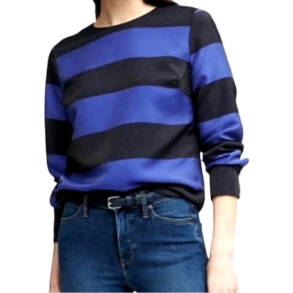Banana Republic Small Shimmer Blue & Black Stripe Long Sleeve Evening Blouse - Picture 1 of 11